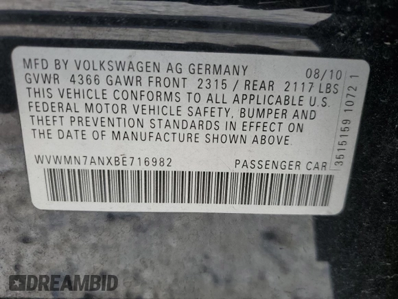 2011 Volkswagen CC Sport with VIN WVWMN7ANXBE716982, listed as a Copart auction lot 79698444 with 153,815 mi miles and Salvage Title. Bid and sale history available at DreamBid. Image 12.