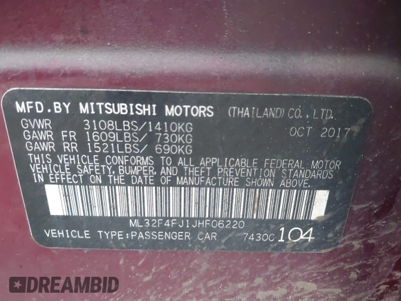 2018 Mitsubishi Mirage G4 SE with VIN ML32F4FJ1JHF06220, listed as a IAAI auction lot 41651964 with 122,837 mi miles. Bid and sale history available at carsss.com. Image 9.
