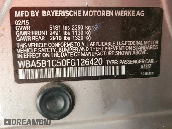 2015 BMW 5 Series 535i with VIN WBA5B1C50FG126420, listed as a Copart auction lot 47316025 with 132,004 mi miles and Salvage Title. Bid and sale history available at carsss.com. Image 14.