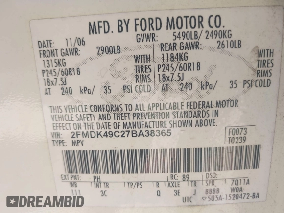 2007 Ford Edge SEL PLUS with VIN 2FMDK49C27BA38365, listed as a IAAI auction lot 42061035 with 294,183 mi miles. Bid and sale history available at carsss.com. Image 9.