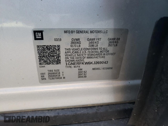 2019 Chevrolet Traverse LS z VIN 1GNERFKW6KJ269043, wystawiony jako Copart lot #53783705 z przebiegiem 98 910 mil mil oraz Nie do naprawy • Non repairable. Historia ofert i sprzedaży dostępna na DreamBid. Obrazek 13.