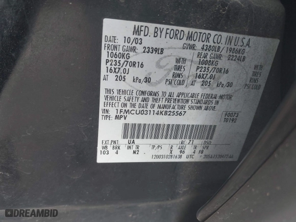 2004 Ford Escape XLT with VIN 1FMCU03114KB25567, listed as a IAAI auction lot 41559575 with 238,685 mi miles. Bid and sale history available at carsss.com. Image 9.