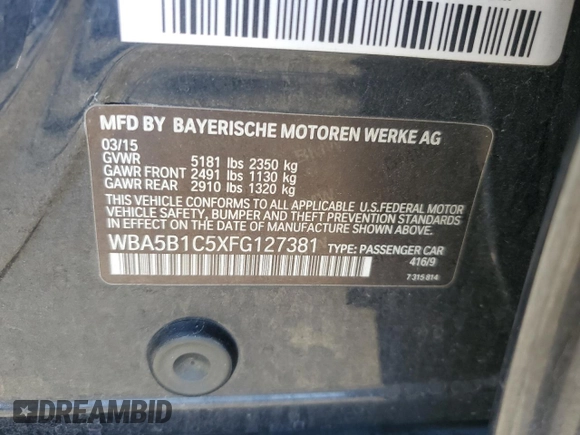 2015 BMW 5 Series 535i with VIN WBA5B1C5XFG127381, listed as a Copart auction lot 51338675 with 123,596 mi miles and Salvage Title. Bid and sale history available at carsss.com. Image 12.