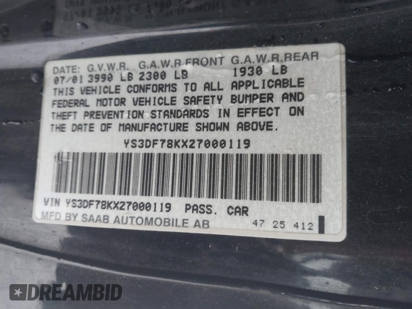 2002 Saab 9-3 SE z VIN YS3DF78KX27000119, wystawiony jako IAAI lot #41249745 z przebiegiem 187 714 mil mil oraz . Historia ofert i sprzedaży dostępna na DreamBid. Obrazek 9.