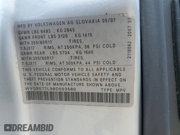 2008 Volkswagen Touareg V6 z VIN WVGBE77L98D003580, wystawiony jako Copart lot #52444235 z przebiegiem 150 876 mil mil oraz Szkoda całkowita • Salvage title. Historia ofert i sprzedaży dostępna na DreamBid. Obrazek 13.