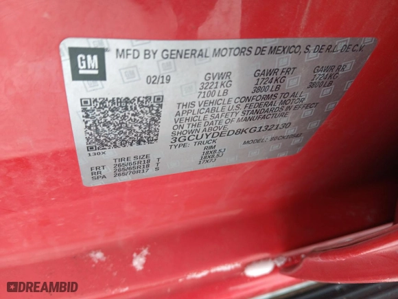 2019 Chevrolet Silverado 1500 LT with VIN 3GCUYDED8KG132130, listed as a Copart auction lot 43818385 with 104,779 mi miles and Salvage Title. Bid and sale history available at carsss.com. Image 13.