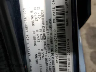 2015 Mazda 6 i Touring with VIN JM1GJ1V51F1207909, listed as a Copart auction lot 51362515 with 55,392 mi miles and Salvage Title. Bid and sale history available at carsss.com. Image 13.