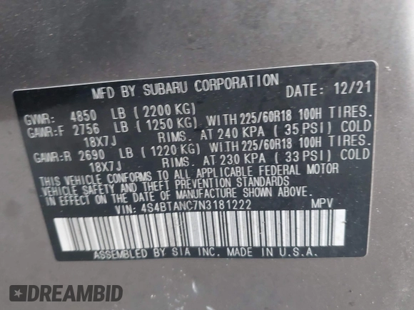 2022 Subaru Outback Limited with VIN 4S4BTANC7N3181222, listed as a IAAI auction lot 41748719 with 44,769 mi miles and . Bid and sale history available at DreamBid. Image 9.