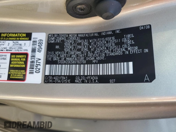 2008 Toyota Sienna CE with VIN 5TDZK23C58S192768, listed as a Copart auction lot 53300545 with 182,273 mi miles and Salvage Title. Bid and sale history available at carsss.com. Image 13.