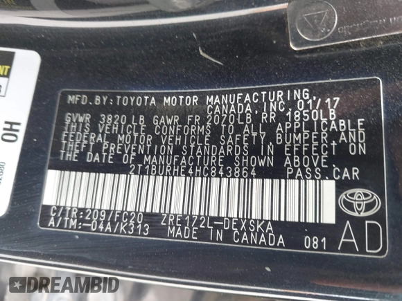 2017 Toyota Corolla L with VIN 2T1BURHE4HC843864, listed as a IAAI auction lot 42274808 with 106,371 mi miles and . Bid and sale history available at DreamBid. Image 9.