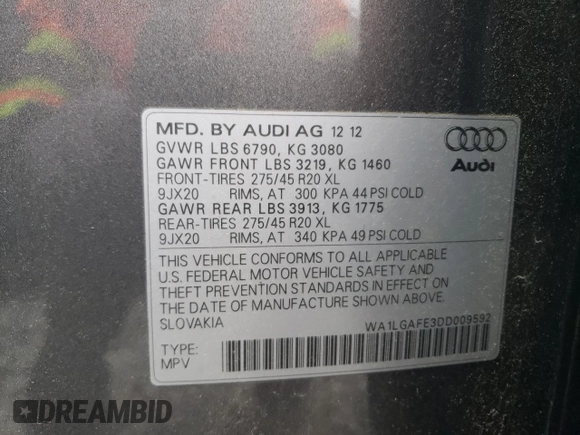 2013 Audi Q7 Premium Plus with VIN WA1LGAFE3DD009592, listed as a Copart auction lot 62755525 with 178,743 mi miles and Clean title. Bid and sale history available at DreamBid. Image 13.
