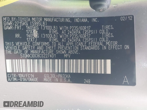 2012 Toyota Sienna LE AAS with VIN 5TDKK3DC8CS227401, listed as a IAAI auction lot 39425988 with 165,982 mi miles. Bid and sale history available at carsss.com. Image 9.
