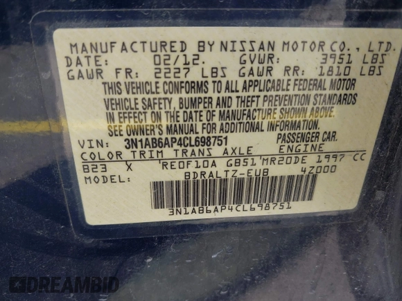 2012 Nissan Sentra SL with VIN 3N1AB6AP4CL698751, listed as a IAAI auction lot 42606923 with 161,619 mi miles and . Bid and sale history available at DreamBid. Image 9.