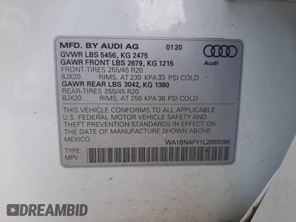 2020 Audi Q5 Premium Plus with VIN WA1BNAFY1L2059395, listed as a Copart auction lot 72979102 with 20,260 mi miles. Bid and sale history available at carsss.com. Image 13.