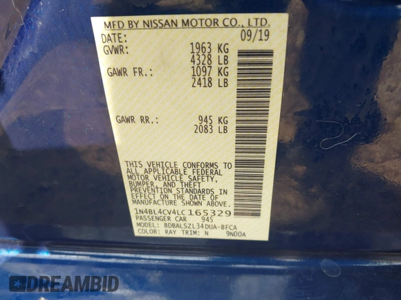 2020 Nissan Altima SR with VIN 1N4BL4CV4LC165329, listed as a IAAI auction lot 41777734 with 82,580 mi miles and . Bid and sale history available at carsss.com. Image 9.
