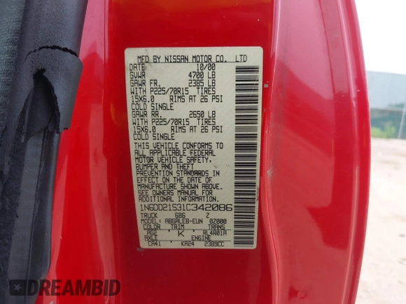 2001 Nissan Frontier XE with VIN 1N6DD21S31C342086, listed as a IAAI auction lot 42490832 with Not provided miles and . Bid and sale history available at DreamBid. Image 9.