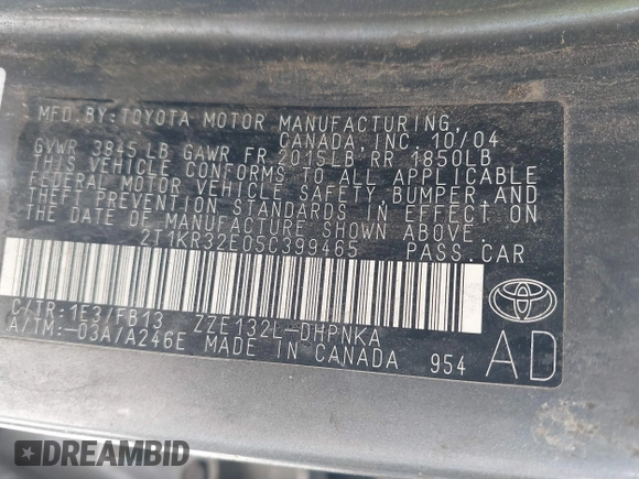 2005 Toyota Matrix STD with VIN 2T1KR32E05C399465, listed as a IAAI auction lot 42084140 with 147,281 mi miles. Bid and sale history available at carsss.com. Image 9.