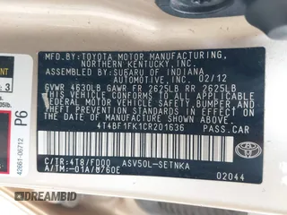 2012 Toyota Camry L with VIN 4T4BF1FK1CR201636, listed as a IAAI auction lot 37756396 with 173,929 mi miles. Bid and sale history available at carsss.com. Image 9.