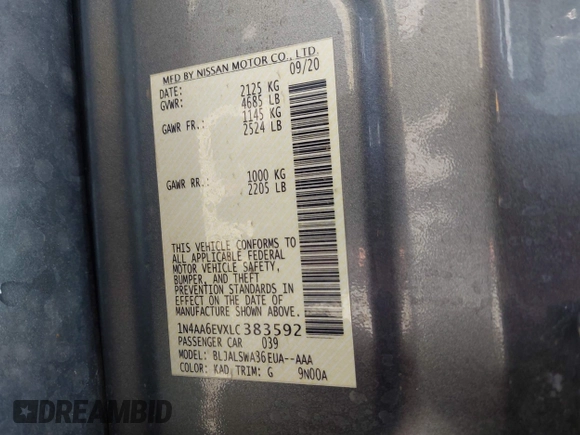 2020 Nissan Maxima SR with VIN 1N4AA6EVXLC383592, listed as a IAAI auction lot 42058071 with 103,014 mi miles and . Bid and sale history available at DreamBid. Image 9.