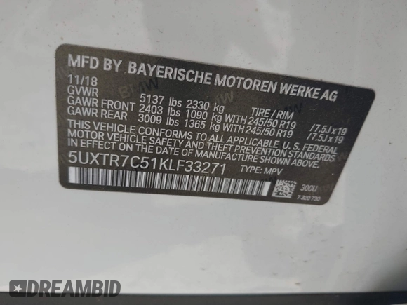 2019 BMW X3 sDrive30i z VIN 5UXTR7C51KLF33271, wystawiony jako IAAI lot #42102581 z przebiegiem 65 344 mil mil oraz . Historia ofert i sprzedaży dostępna na DreamBid. Obrazek 9.