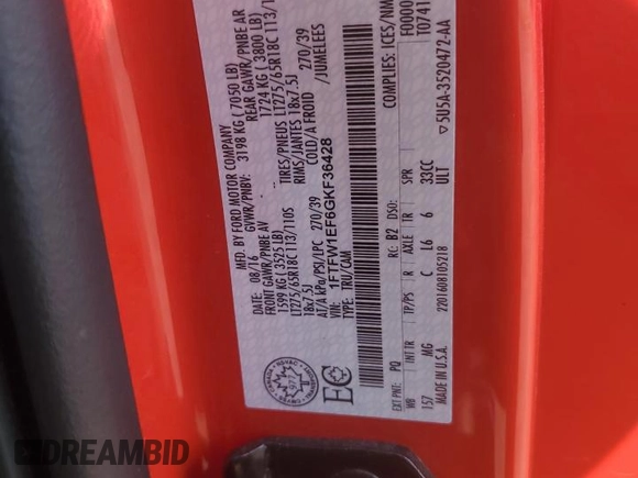 2016 Ford F-150 XLT with VIN 1FTFW1EF6GKF36428, listed as a Copart auction lot 62165295 with 183,424 mi miles and Salvage title. Bid and sale history available at DreamBid. Image 12.