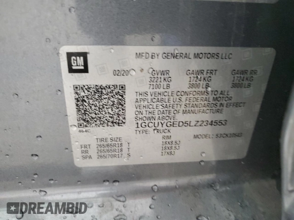 2020 Chevrolet Silverado 1500 LTZ with VIN 1GCUYGED5LZ234553, listed as a Copart auction lot 41877485 with 108,672 mi miles and Clean Title. Bid and sale history available at DreamBid. Image 12.