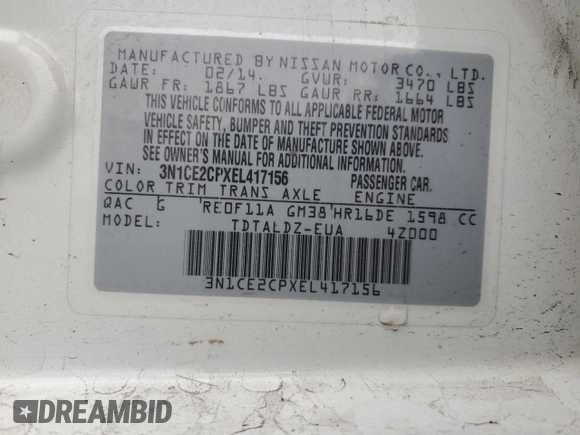 2014 Nissan Note S with VIN 3N1CE2CPXEL417156, listed as a Copart auction lot 46835325 with 177,417 mi miles and Clean title. Bid and sale history available at DreamBid. Image 12.