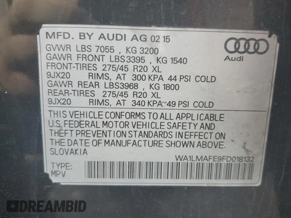 2015 Audi Q7 Premium Plus with VIN WA1LMAFE9FD018132, listed as a Copart auction lot 54209495 with 212,514 mi miles and Clean title. Bid and sale history available at DreamBid. Image 13.