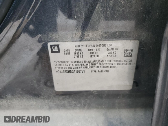 2016 Chevrolet Sonic LS z VIN 1G1JA5SH5G4106781, wystawiony jako Copart lot #49690075 z przebiegiem 132 673 mil mil oraz Szkoda całkowita • Salvage title. Historia ofert i sprzedaży dostępna na DreamBid. Obrazek 14.