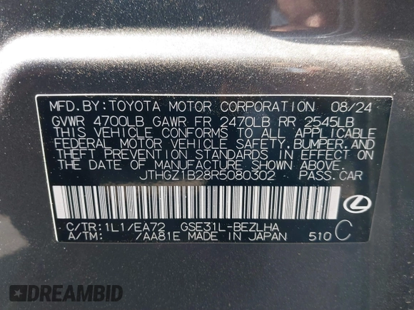 2024 Lexus IS 350 F Sport z VIN JTHGZ1B28R5080302, wystawiony jako IAAI lot #41646854 z przebiegiem 4 810 mil mil oraz . Historia ofert i sprzedaży dostępna na DreamBid. Obrazek 9.