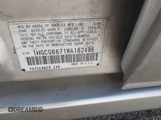 1998 Honda Accord EX z VIN 1HGCG6671WA162496, wystawiony jako IAAI lot #42202848 z przebiegiem 192 894 mil mil oraz . Historia ofert i sprzedaży dostępna na DreamBid. Obrazek 9.