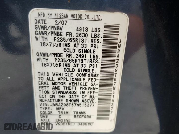 2007 Nissan Murano SL z VIN JN8AZ08T67W515377, wystawiony jako Copart lot #54874085 z przebiegiem 155 308 mil mil oraz Szkoda całkowita • Salvage title. Historia ofert i sprzedaży dostępna na DreamBid. Obrazek 14.