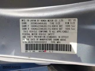2005 Honda CR-V EX with VIN JHLRD78885C035912, listed as a IAAI auction lot 41793257 with 211,694 mi miles. Bid and sale history available at carsss.com. Image 9.