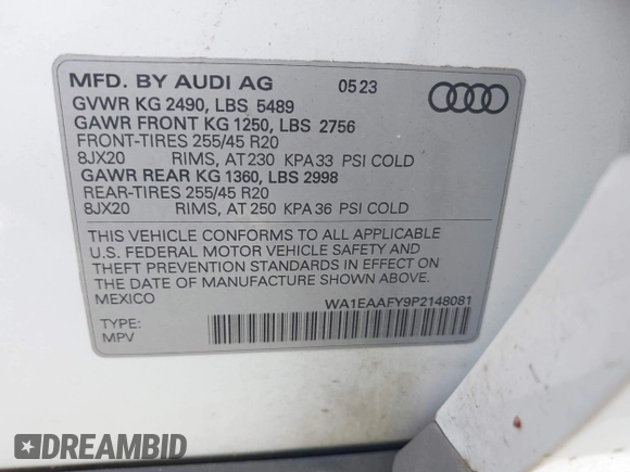 2023 Audi Q5 S line Premium Plus z VIN WA1EAAFY9P2148081, wystawiony jako IAAI lot #42436508 z przebiegiem 25 877 mil mil oraz . Historia ofert i sprzedaży dostępna na DreamBid. Obrazek 9.