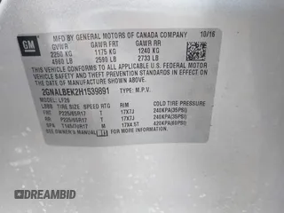 2017 Chevrolet Equinox LS z VIN 2GNALBEK2H1539891, wystawiony jako IAAI lot #41878091 z przebiegiem 143 149 mil mil oraz . Historia ofert i sprzedaży dostępna na DreamBid. Obrazek 9.