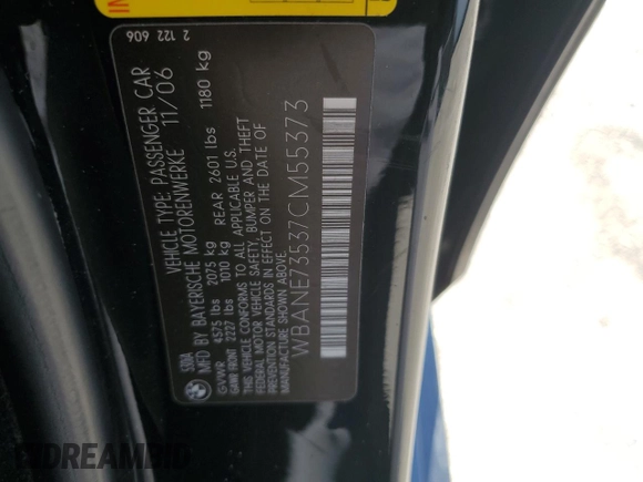 2007 BMW 5 Series 530i with VIN WBANE73537CM55373, listed as a Copart auction lot 46477245 with 217,070 mi miles and Salvage Title. Bid and sale history available at DreamBid. Image 14.