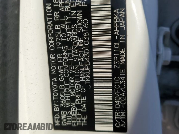 2013 Scion xD z VIN JTKKUPB43D1038160, wystawiony jako Copart lot #48326825 z przebiegiem 160 289 mil mil oraz Szkoda całkowita • Salvage title. Historia ofert i sprzedaży dostępna na DreamBid. Obrazek 12.
