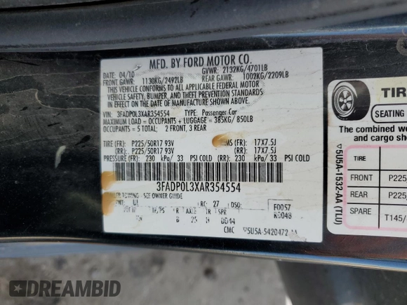 2010 Ford Fusion Hybrid with VIN 3FADP0L3XAR354554, listed as a Copart auction lot 54064105 with 203,816 mi miles and Clean Title. Bid and sale history available at carsss.com. Image 12.