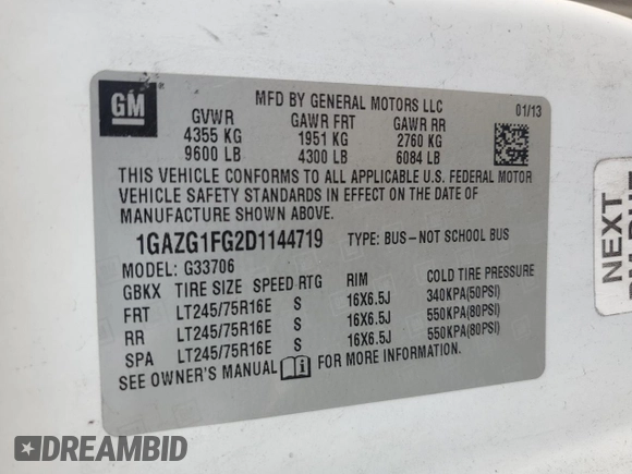 2013 Chevrolet Express Passenger LT with VIN 1GAZG1FG2D1144719, listed as a Copart auction lot 64759665 with Not provided miles and Clean title. Bid and sale history available at DreamBid. Image 13.