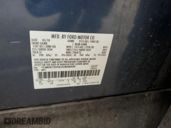 2018 Ford Explorer XLT with VIN 1FM5K7DH0JGB98690, listed as a Copart auction lot 57465175 with 83,551 mi miles and Salvage title. Bid and sale history available at DreamBid. Image 13.