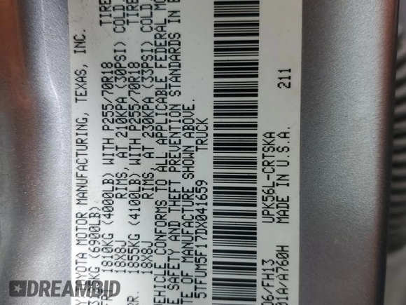 2013 Toyota Tundra z VIN 5TFUM5F17DX041659, wystawiony jako Copart lot #47637415 z przebiegiem 133 846 mil mil oraz Szkoda całkowita • Salvage title. Historia ofert i sprzedaży dostępna na DreamBid. Obrazek 12.