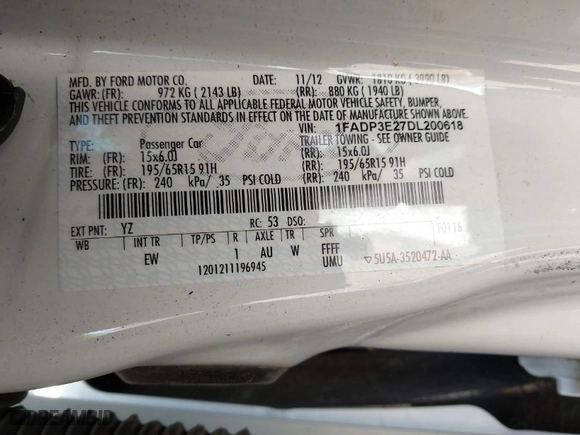 2013 Ford Focus S with VIN 1FADP3E27DL200618, listed as a IAAI auction lot 42028086 with 131,438 mi miles. Bid and sale history available at carsss.com. Image 9.