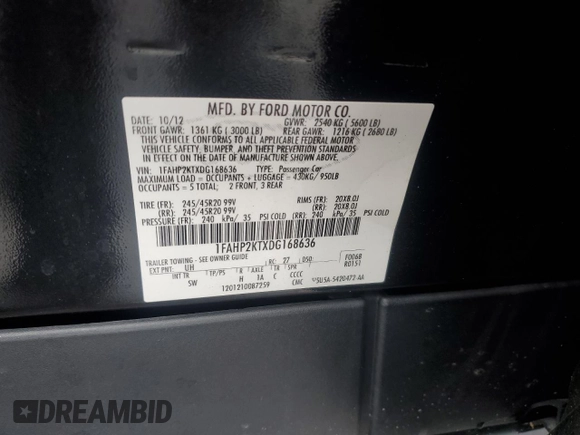 2013 Ford Taurus SHO z VIN 1FAHP2KTXDG168636, wystawiony jako Copart lot #56921795 z przebiegiem 121 103 mil mil oraz Szkoda całkowita • Salvage title. Historia ofert i sprzedaży dostępna na DreamBid. Obrazek 12.