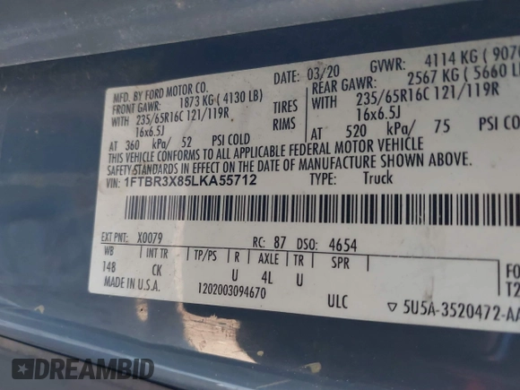 2020 Ford Transit Cargo with VIN 1FTBR3X85LKA55712, listed as a IAAI auction lot 41027144 with 125,658 mi miles. Bid and sale history available at carsss.com. Image 9.