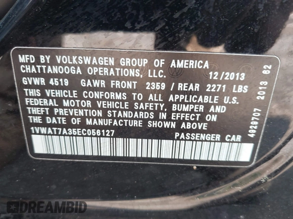 2014 Volkswagen Passat Wolfsburg Edition with VIN 1VWAT7A35EC056127, listed as a IAAI auction lot 42497467 with 111,443 mi miles and . Bid and sale history available at DreamBid. Image 9.