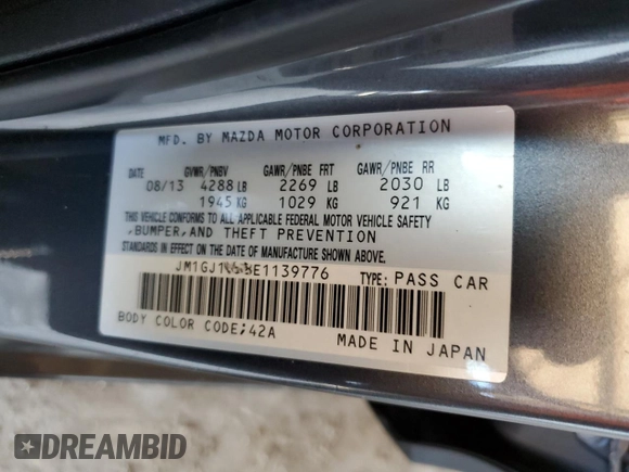 2014 Mazda 6 i Touring with VIN JM1GJ1V68E1139776, listed as a Copart auction lot 54412755 with 109,477 mi miles and Salvage Title. Bid and sale history available at DreamBid. Image 12.