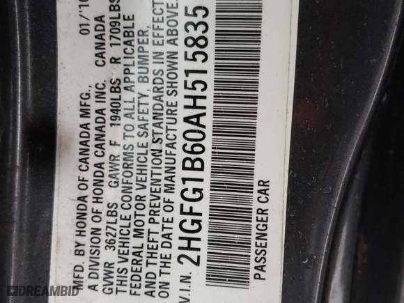 2010 Honda Civic Cpe LX with VIN 2HGFG1B60AH515835, listed as a Copart auction lot 49769605 with 109,475 mi miles and Salvage Title. Bid and sale history available at carsss.com. Image 13.