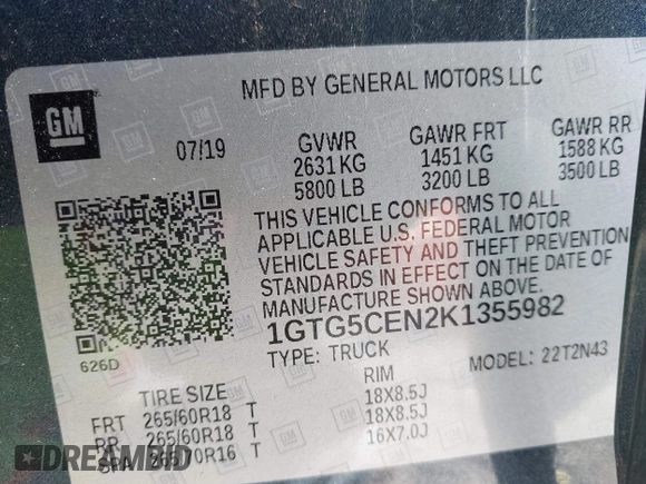 2019 GMC Canyon 2WD SLE with VIN 1GTG5CEN2K1355982, listed as a IAAI auction lot 41931708 with 70,780 mi miles. Bid and sale history available at carsss.com. Image 9.