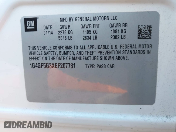 2014 Buick LaCrosse Premium II with VIN 1G4GF5G3XEF207781, listed as a IAAI auction lot 41661003 with 98,126 mi miles and . Bid and sale history available at DreamBid. Image 9.