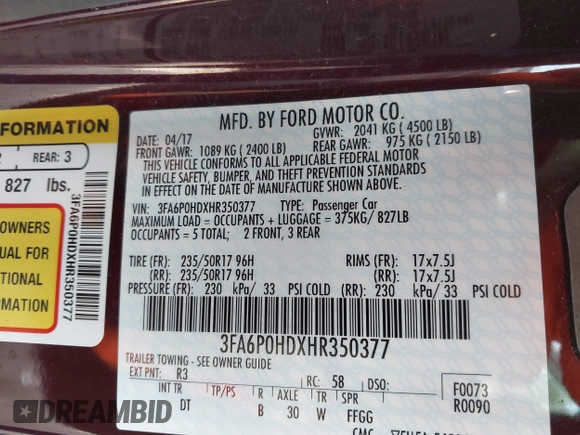2017 Ford Fusion SE with VIN 3FA6P0HDXHR350377, listed as a IAAI auction lot 42091011 with 109,670 mi miles. Bid and sale history available at carsss.com. Image 9.